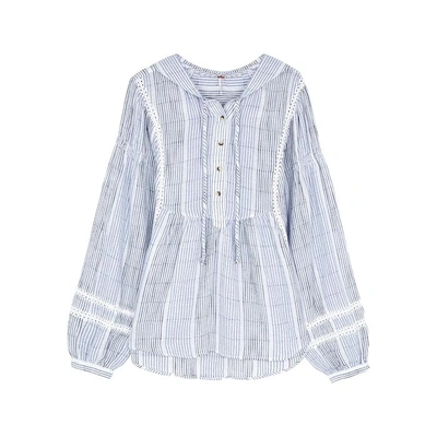 Shop Free People Baja Babe Hooded Gauze Top In Blue And White