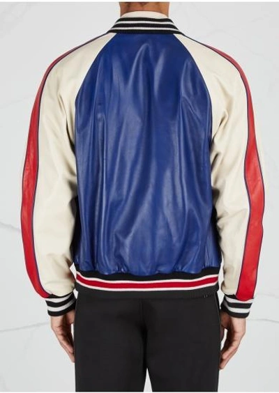 Shop Gucci Tri-tone Embroidered Leather Jacket In Blue