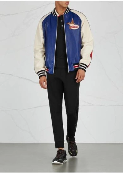 Shop Gucci Tri-tone Embroidered Leather Jacket In Blue