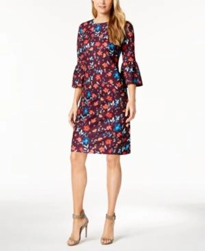 Shop Calvin Klein Petite Printed Bell-sleeve Sheath Dress In Aubergine Multi