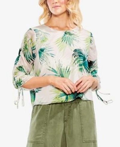 Shop Vince Camuto Sunlit Palm Ruched Drawstring Blouse In Verdant Green