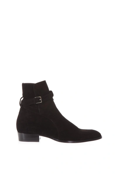 Shop Saint Laurent Wyatt 30 Black Suede Ankle Boots