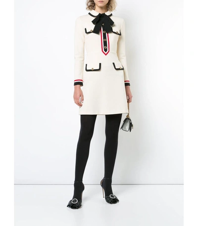 GUCCI “GG Wallpaper” Navy Blue Red Jewelled Web Bow Jersey Sheath Dress