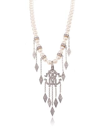Roberto Cavalli Pearl Swarovski Crystal Double Logo Choker Necklace In Ivory Modesens