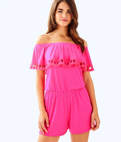 Shop Lilly Pulitzer La Fortuna Off-the-shoulder Romper In Pink Cosmo