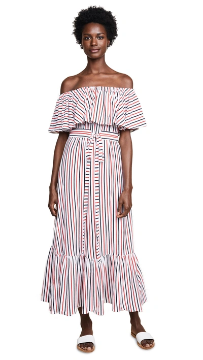 Shop Mds Stripes Rebecca Ruffle Dress In Navy Coral Stripe