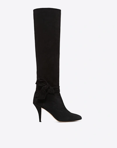 Shop Valentino Suede Side-bow Knee High Boot 80mm In Black