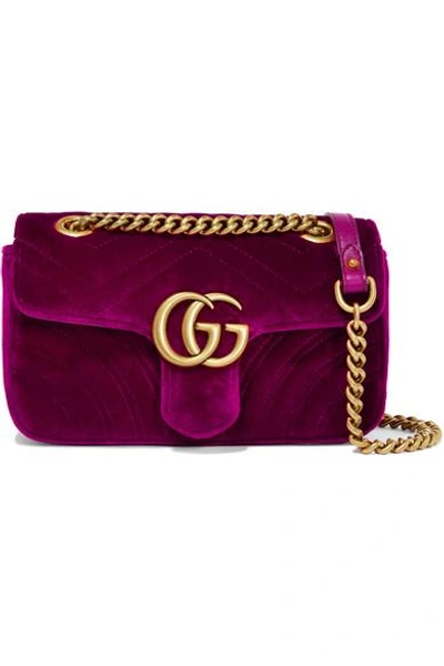Shop Gucci Gg Marmont Mini Quilted Velvet Shoulder Bag In Magenta