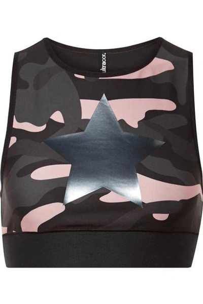 Shop Ultracor Knockout Appliquéd Camouflage-print Stretch Sports Bra In Black