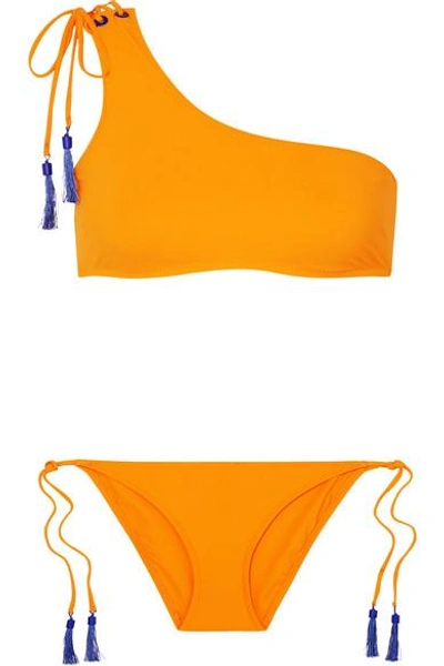 Shop Emma Pake Maria Lia Tasseled One-shoulder Bikini In Saffron