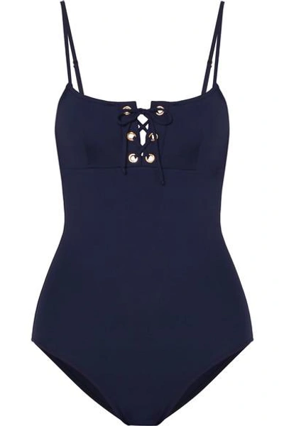 Shop Melissa Odabash Cyprus Lace-up Swimsuit In Navy