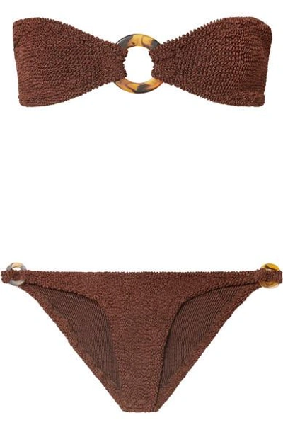 Shop Hunza G Gloria Embellished Seersucker Bandeau Bikini In Brown