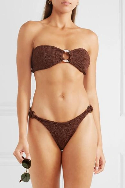 Shop Hunza G Gloria Embellished Seersucker Bandeau Bikini In Brown