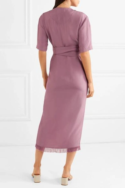 Shop Nanushka Belted Frayed Satin-twill Midi Dress In Purple