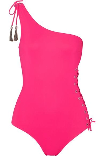 Shop Emma Pake Bianca One-shoulder Tasseled Lace-up Swimsuit In Bright Pink