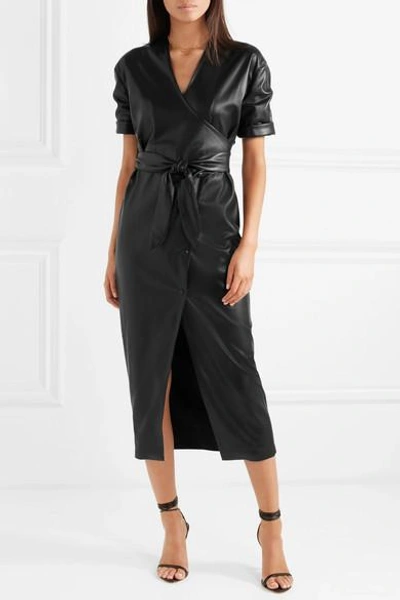 Shop Nanushka Penelope Vegan Leather Wrap Midi Dress In Black