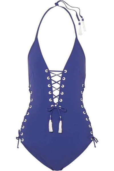 Shop Emma Pake Carlotta Tasseled Lace-up Swimsuit In Royal Blue