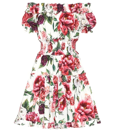 Shop Dolce & Gabbana Floral Off-the-shoulder Cotton Dress In Multicoloured