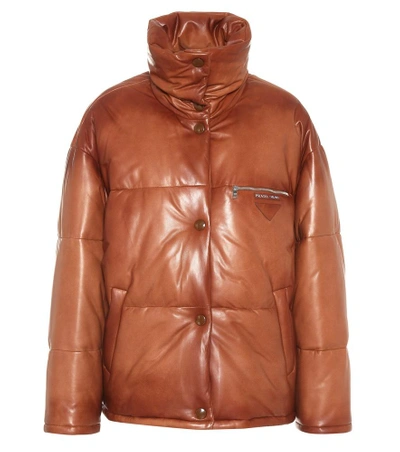 Shop Prada Leather Puffer Jacket In Brown