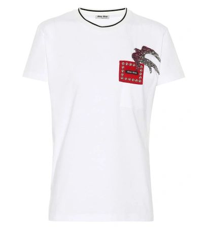 Shop Miu Miu Embellished Cotton T-shirt In White