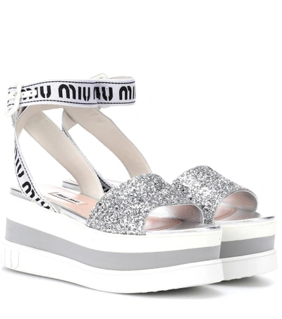 Shop Miu Miu Glitter Platform Sandals In Silver