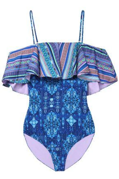Shop Matthew Williamson Woman Cold-shoulder Ruffled Printed Swimsuit Blue