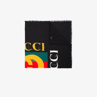 Shop Gucci Black Logo Print Silk Blend Scarf In Multicolour