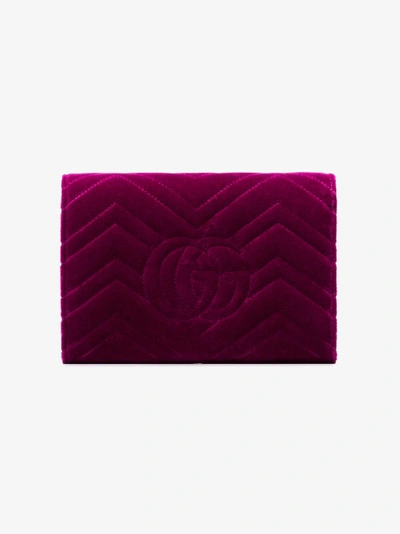 Shop Gucci Fuchsia Gg Marmont Velvet Wallet On A Chain In Pink/purple