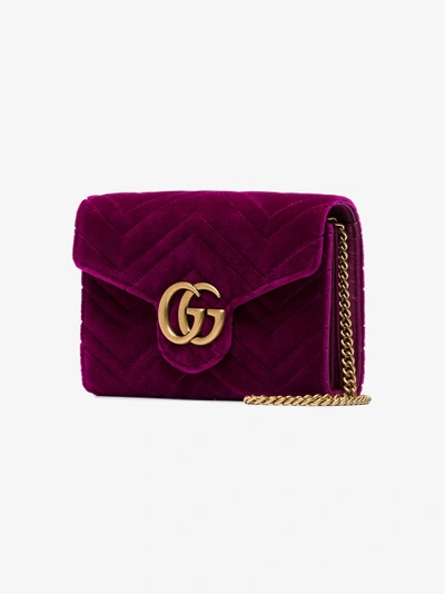 Shop Gucci Fuchsia Gg Marmont Velvet Wallet On A Chain In Pink/purple
