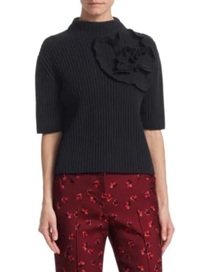 Shop Akris Punto Wool & Cashmere Floral Knit Turtleneck Sweater In Black