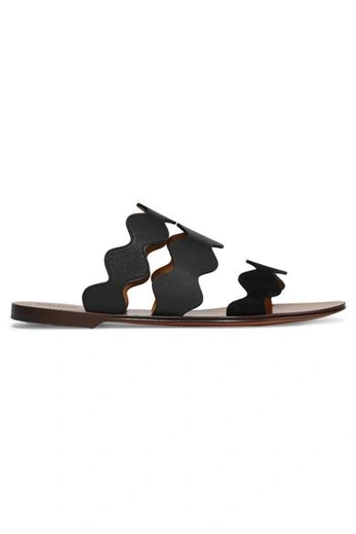 Shop Chloé Lauren Scalloped Textured-leather Slides In Black