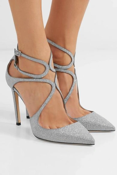 Shop Jimmy Choo Lancer 100 Glittered Leather Pumps In Silver