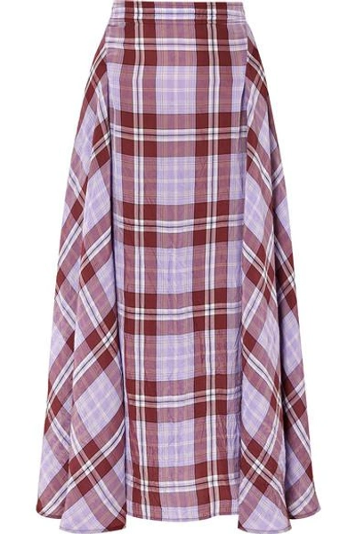 Shop Victoria Beckham Pleated Checked Crinkled-taffeta Skirt In Lilac