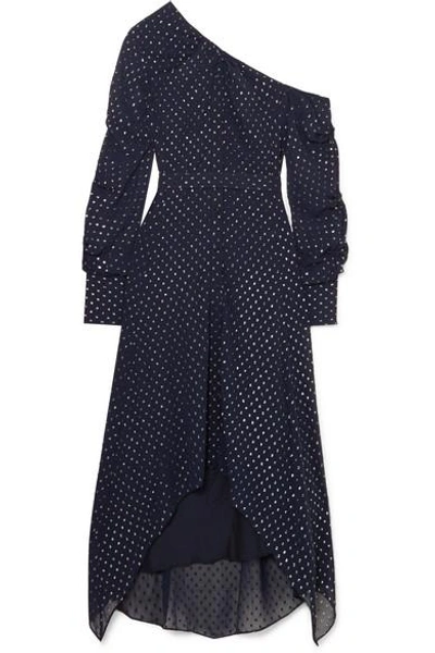 Shop Jonathan Simkhai One-shoulder Metallic Georgette Maxi Dress In Midnight Blue