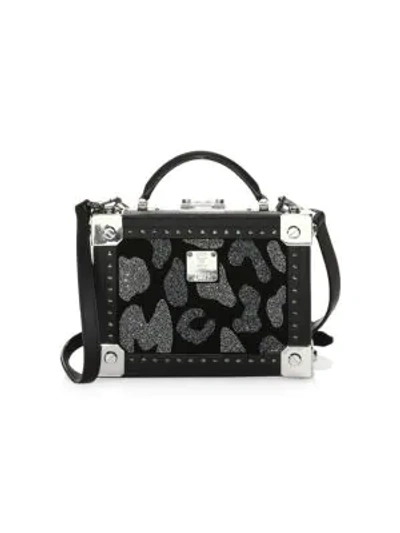 Shop Mcm Small Berlin Leopard Crystal Leather Box Bag In Black