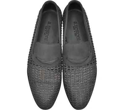 Shop A.testoni Shoes Black Woven Leather Slip-on Shoe