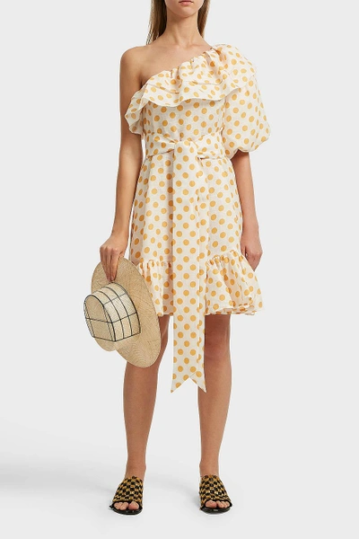 Shop Lisa Marie Fernandez Arden One-shoulder Polka-dot Linen Mini Dress, 2 In White
