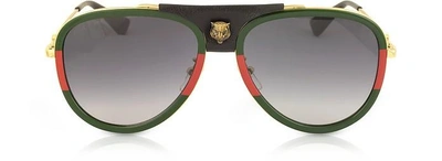 Shop Gucci Designer Sunglasses Gg0062s Aviator Gold Metal And Black Leather Sunglasses In Or / Noir Dégradé