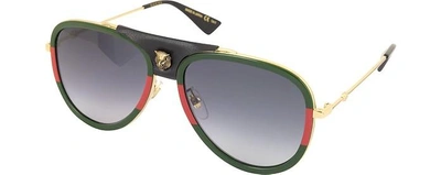 Shop Gucci Designer Sunglasses Gg0062s Aviator Gold Metal And Black Leather Sunglasses In Or / Noir Dégradé