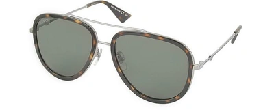 Shop Gucci Designer Sunglasses Gg0062s 002 Havana Acetate And Silver Metal Aviator Women's Sunglasses In Marron