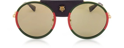 Shop Gucci Designer Sunglasses Gg0061s Round-frame Gold Metal And Black Leather Sunglasses W/sylvie Web Trim In Or/ Vert