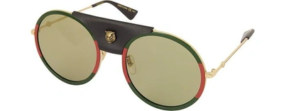 Shop Gucci Designer Sunglasses Gg0061s Round-frame Gold Metal And Black Leather Sunglasses W/sylvie Web Trim In Or/ Vert