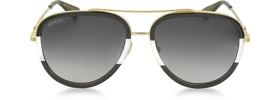 Shop Gucci Sunglasses Gg0062s 006 Black/white Acetate And Gold Metal Aviator Women's Sunglasses