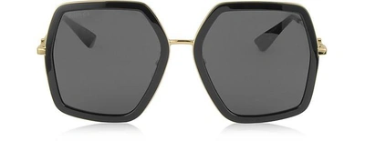 Shop Gucci Designer Sunglasses Gg0106s 001 Black Acetate And Gold Metal Square Oversized Women's Sunglasses In Noir