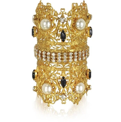 Shop Sara Bencini Designer Bracelets Golden Brass Double Crown Cuff Bracelet In Doré