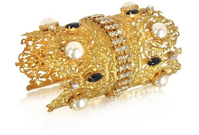 Shop Sara Bencini Designer Bracelets Golden Brass Double Crown Cuff Bracelet In Doré
