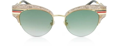 Shop Gucci Sunglasses Gg0283s Cat Eye Beige Glitter Acetate Sunglasses W/sylvie Web Temples In Gold,green