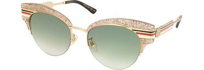 Shop Gucci Sunglasses Gg0283s Cat Eye Beige Glitter Acetate Sunglasses W/sylvie Web Temples In Gold,green