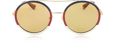 Shop Gucci Designer Sunglasses Gg0061s Round-frame Metal Sunglasses W/sylvie Web Trim In Bleu-jaune