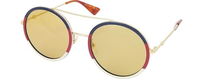 Shop Gucci Designer Sunglasses Gg0061s Round-frame Metal Sunglasses W/sylvie Web Trim In Bleu-jaune